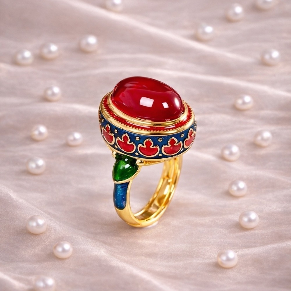 Anthropologie Ethnic Vintage Red Cabochon Enamel Ring